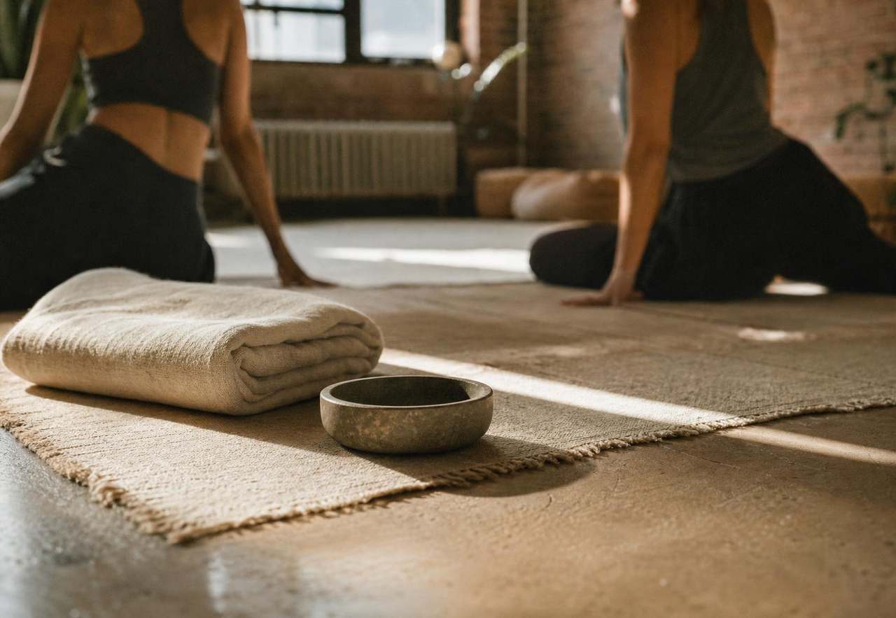 A folded linen blanket and stone bowl on a jute mat, with two people seated in practice at the SACRAHAUS New York space