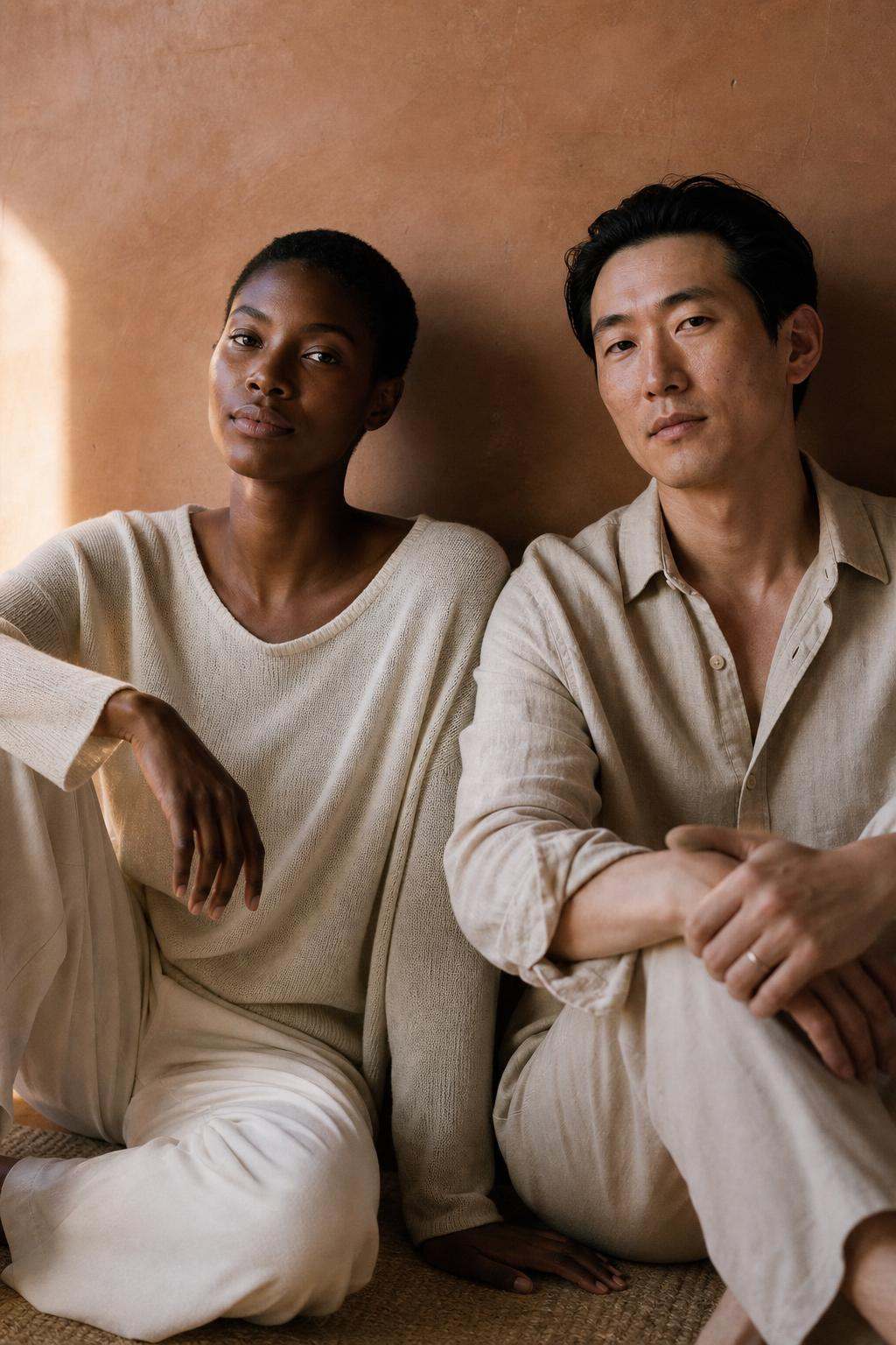 Two friends in linen, photographed for the SACRAHAUS daily ritual campaign