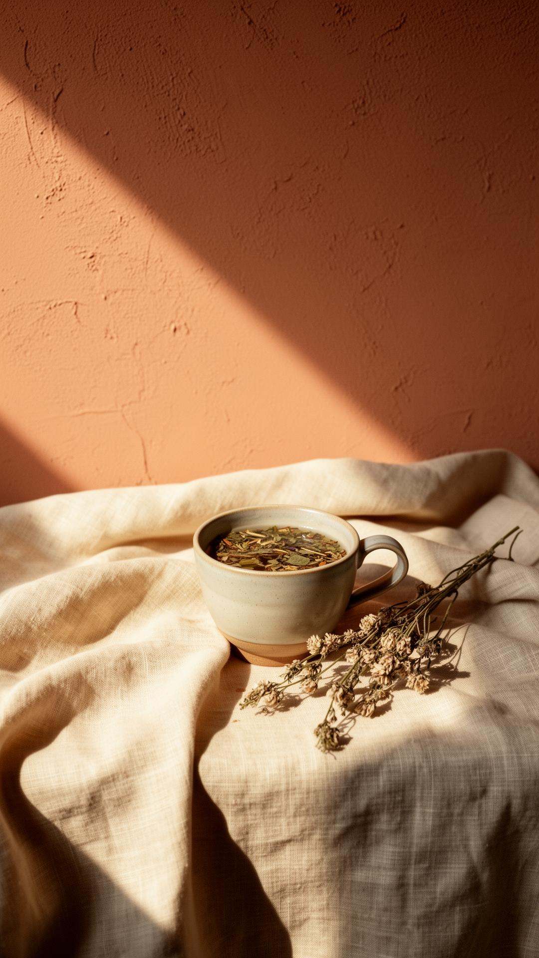 Warm plaster wall, linen, and a ceramic cup of herbal tea — the SACRAHAUS daily ritual