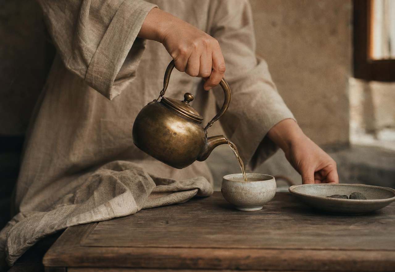 Tea poured from a brass kettle into a ceramic cup on a wooden table, linen robe in soft daylight