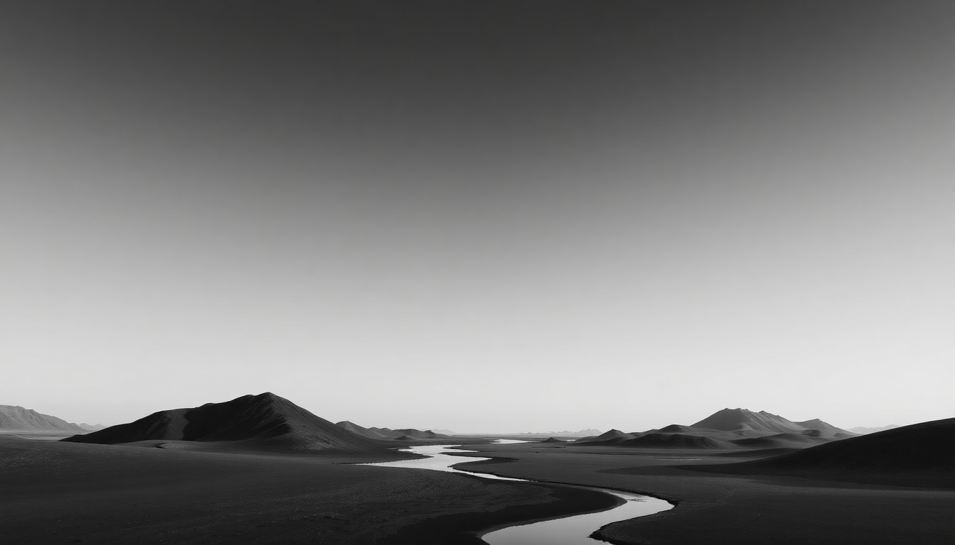 Calm black and white landscape with winding river and mountains representing peaceful rest and vegan supplement for sleep
