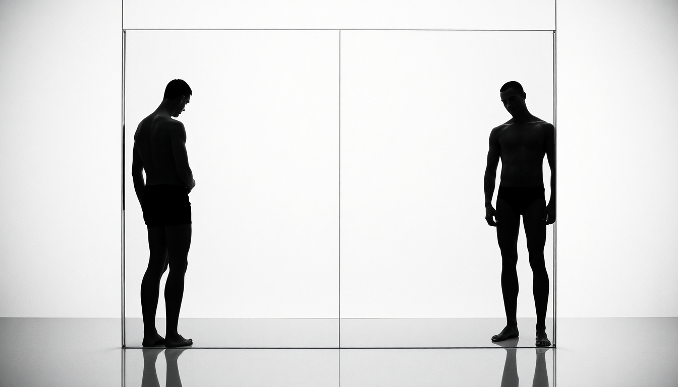 sexy art, glass/mirror, black/white, naked men. minimalism. realistic photo for nomination