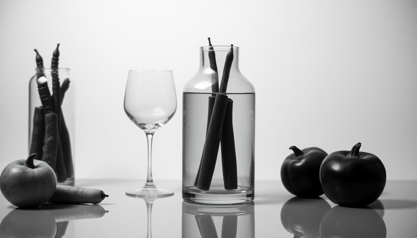 sexy art, glass/mirror, black/white, veggies, fruits theme. minimalism. photo for nomination