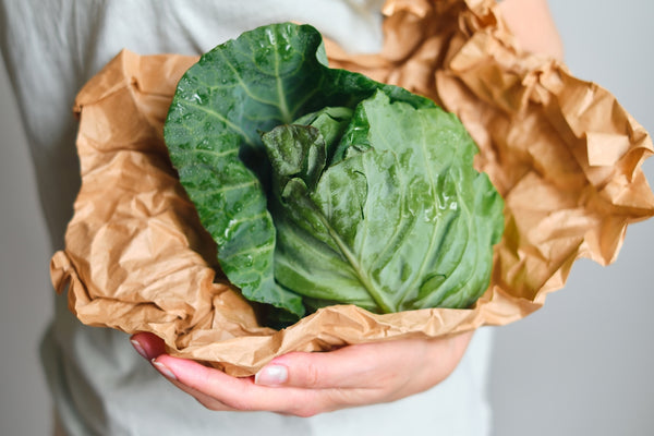 Hands holding a fresh green cabbage wrapped in brown paper.