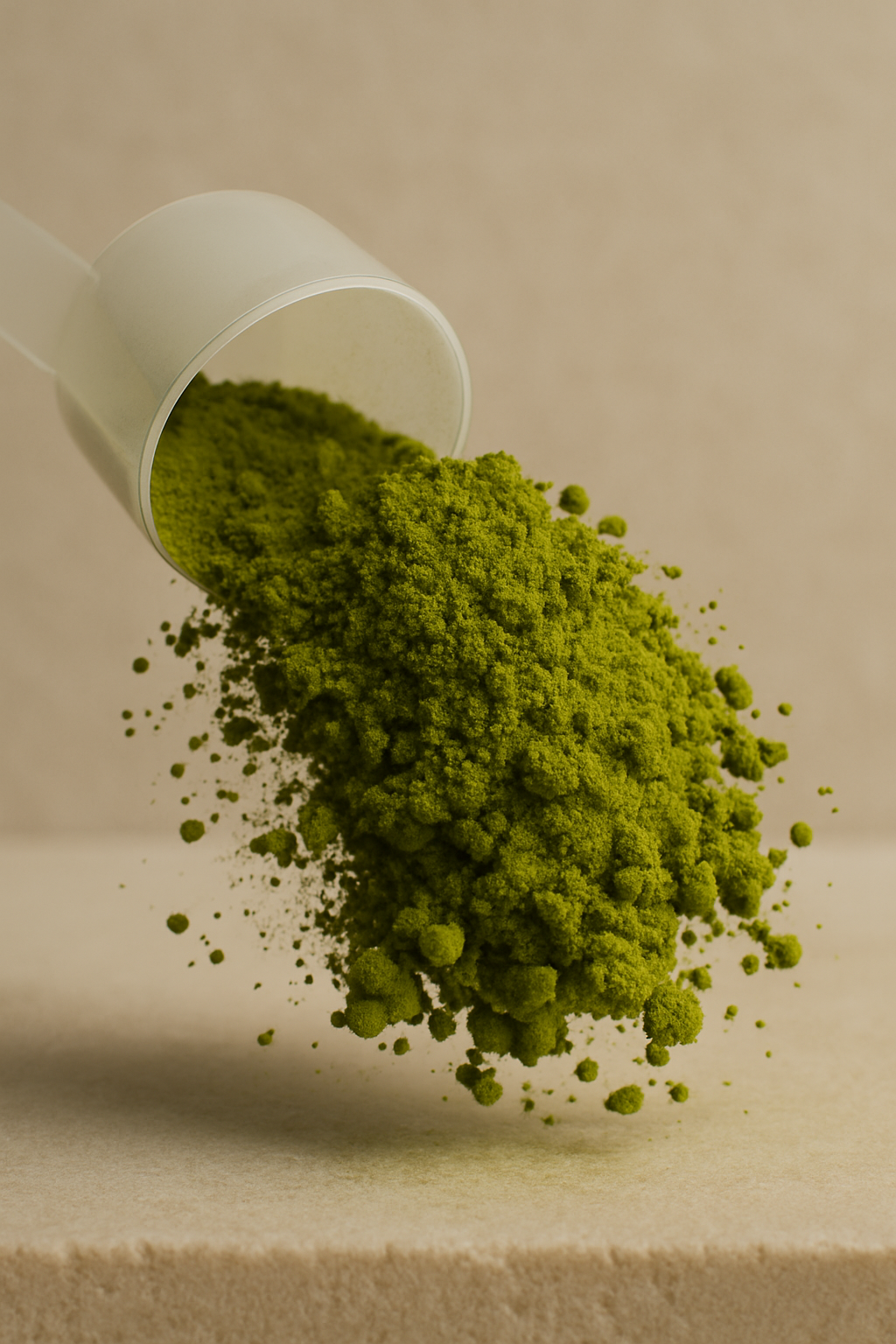 Green powder being poured from a scoop, part of the vegan supplement powders collection for health and wellness
