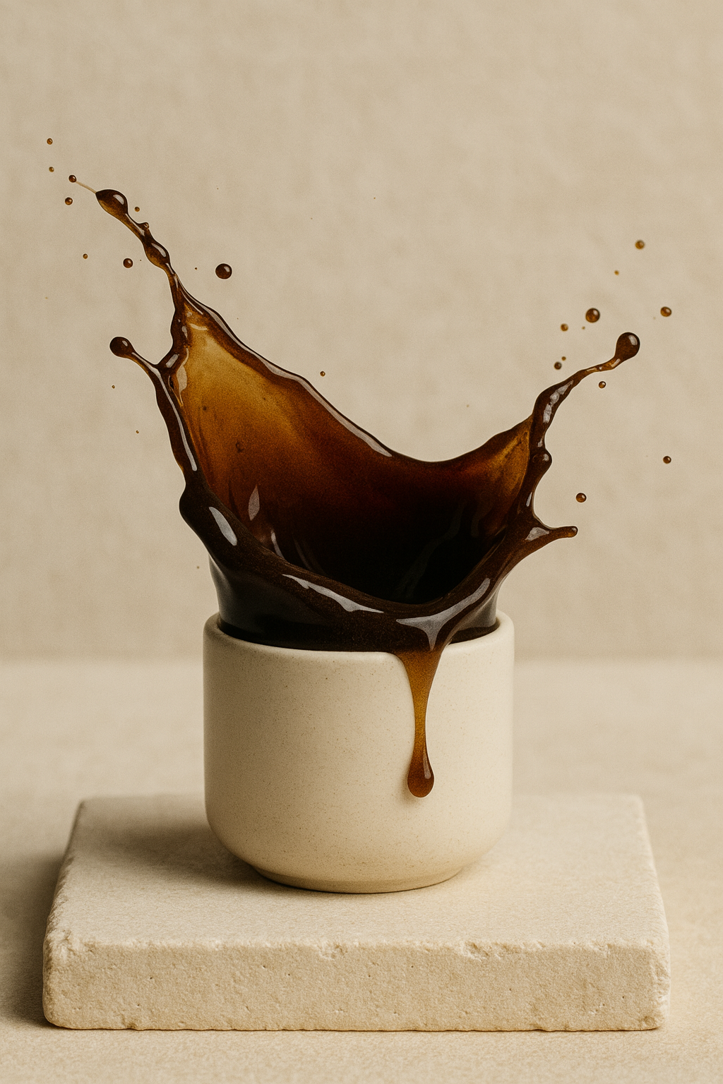Splash of brewed organic coffee beans in a handmade cup on a neutral background