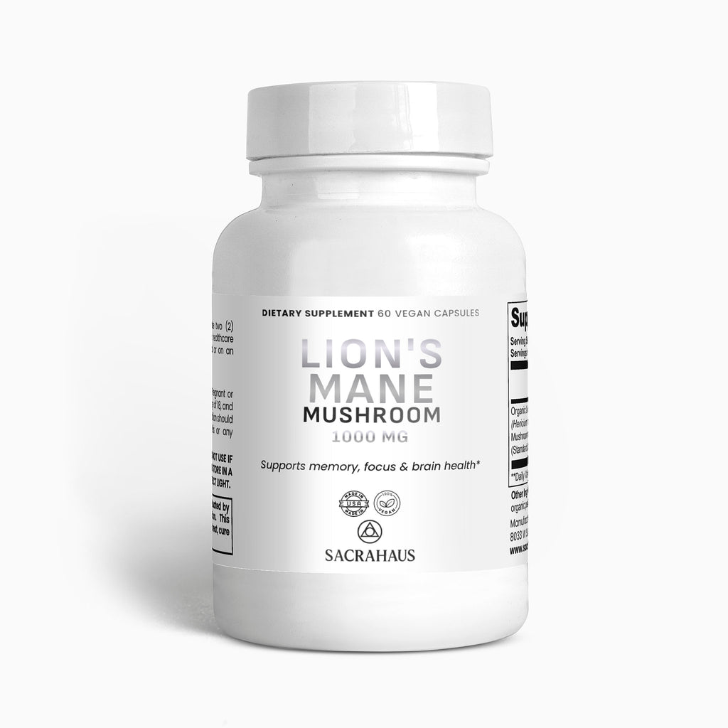 SACRAHAUS Lion's Mane Mushroom Supplement in a 60-capsule bottle for memory and focus support