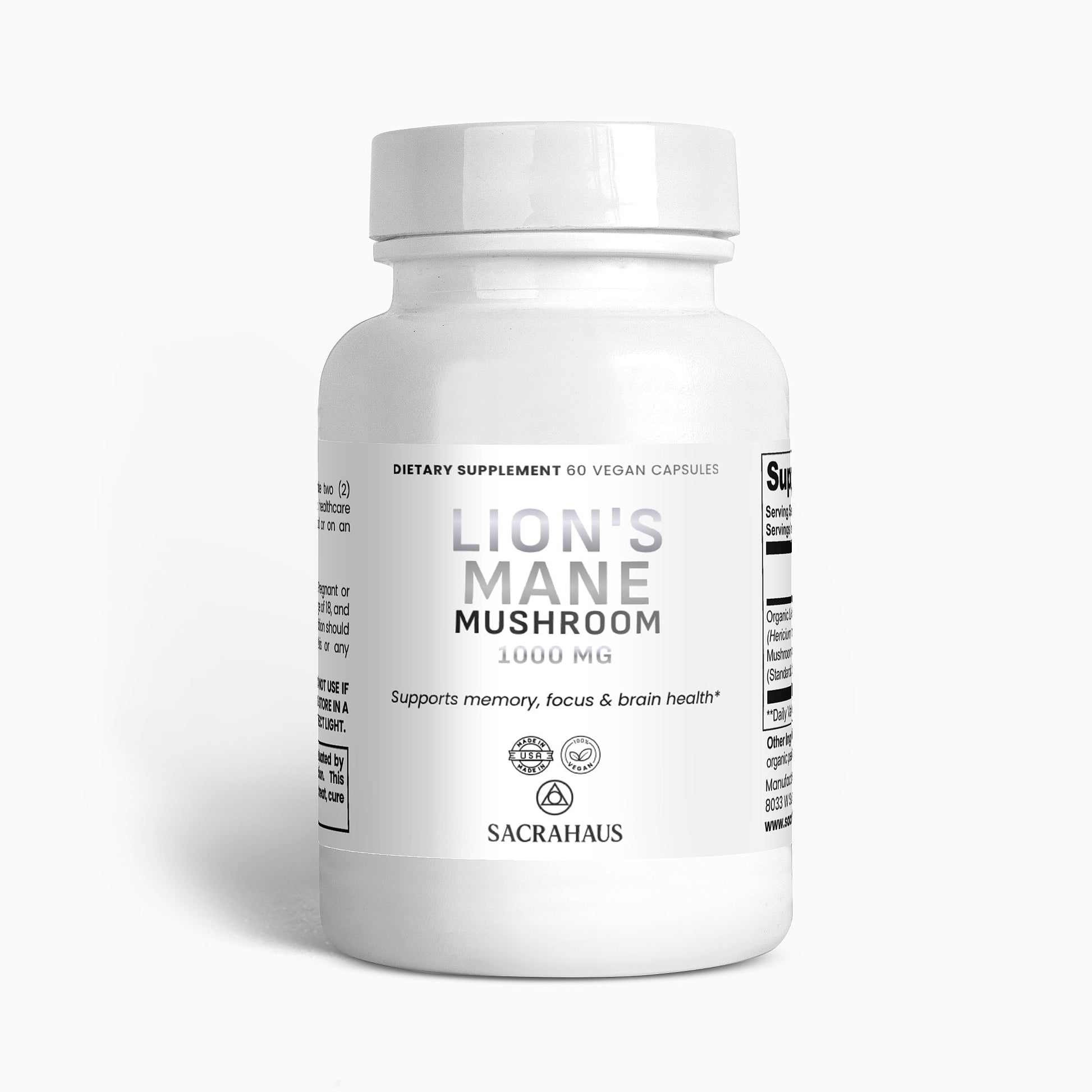 SACRAHAUS Lion's Mane Mushroom Supplement in a 60-capsule bottle for memory and focus support