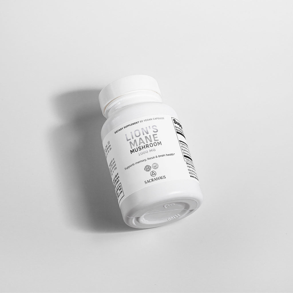 SACRAHAUS Lion's Mane Mushroom Supplement Bottle for cognitive support and health benefits