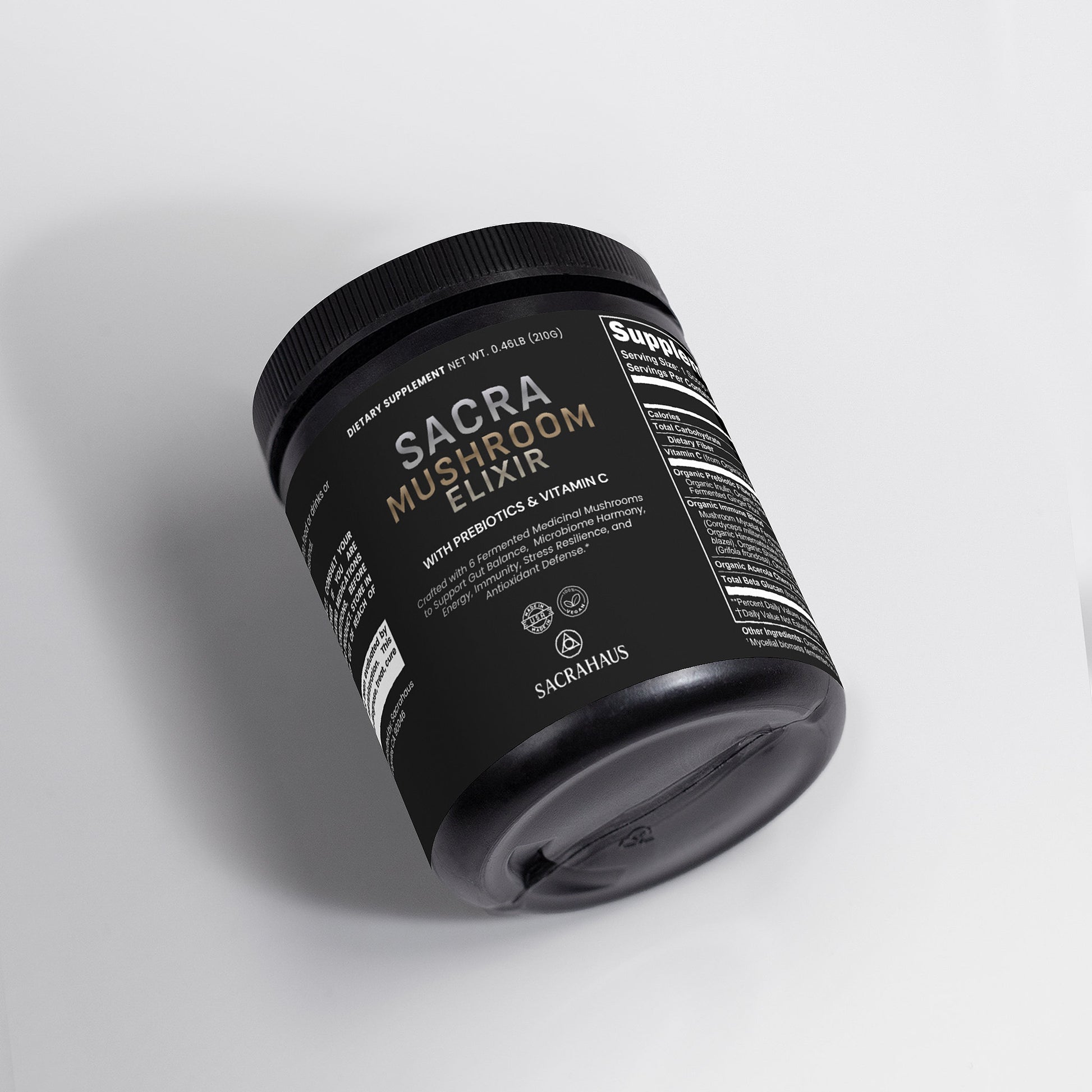 Sacra Mushroom Elixir by SACRAHAUS, featuring a nutritious mushroom blend with prebiotics and vitamin C