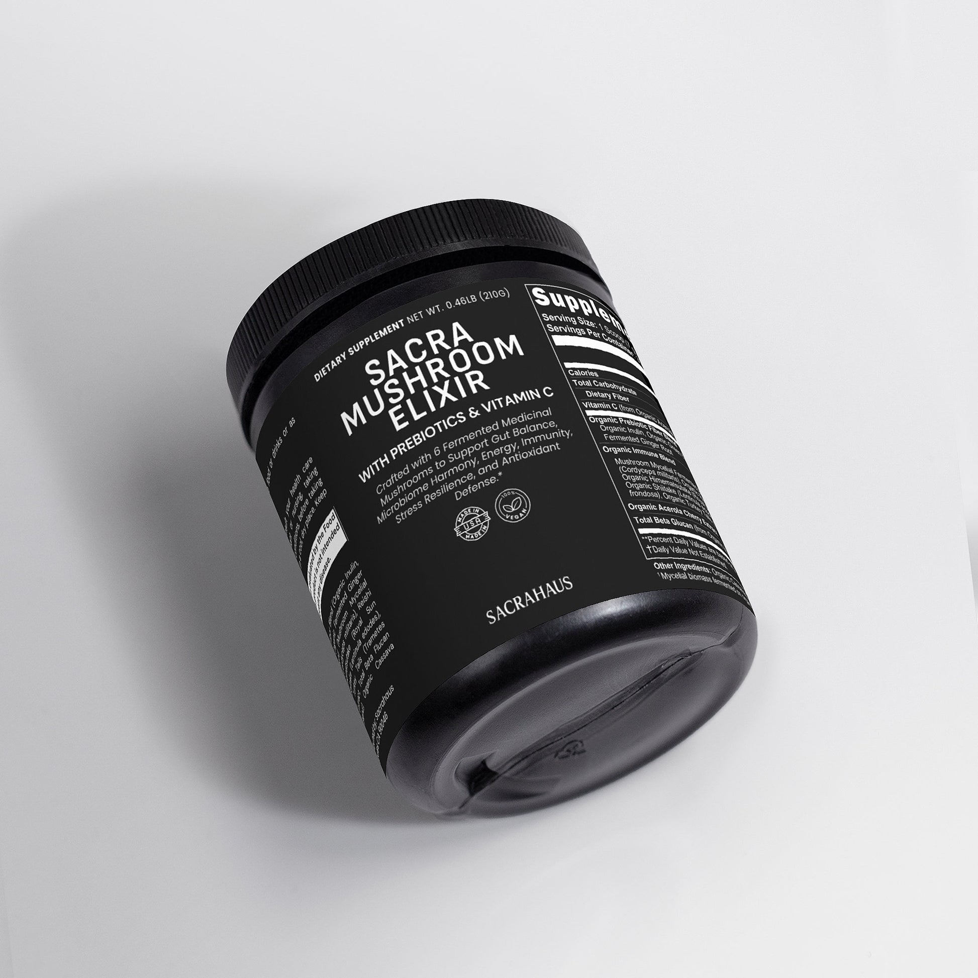 SACRAHAUS organic vegan mushroom powder Sacra Mushroom Elixir with prebiotics and vitamin C container