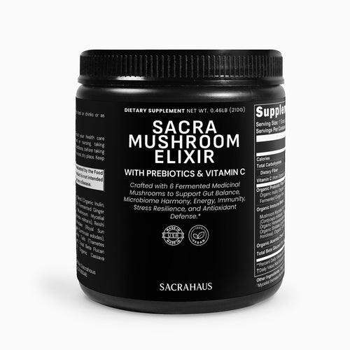 SACRAHAUS organic vegan mushroom powder Sacra Mushroom Elixir with prebiotics and vitamin C in black jar