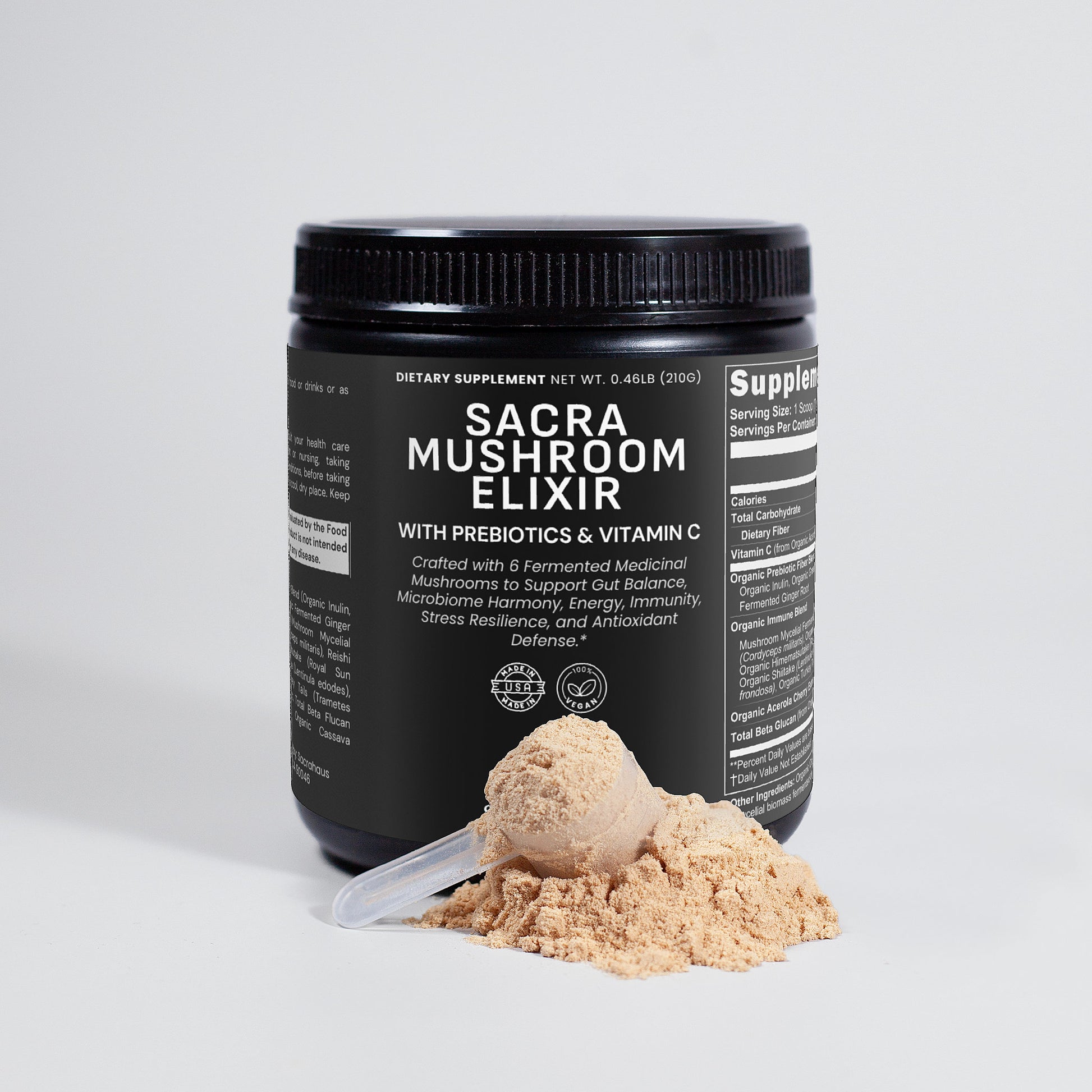 Sacrahaus organic vegan mushroom powder in black container with prebiotics and vitamin C dietary supplement