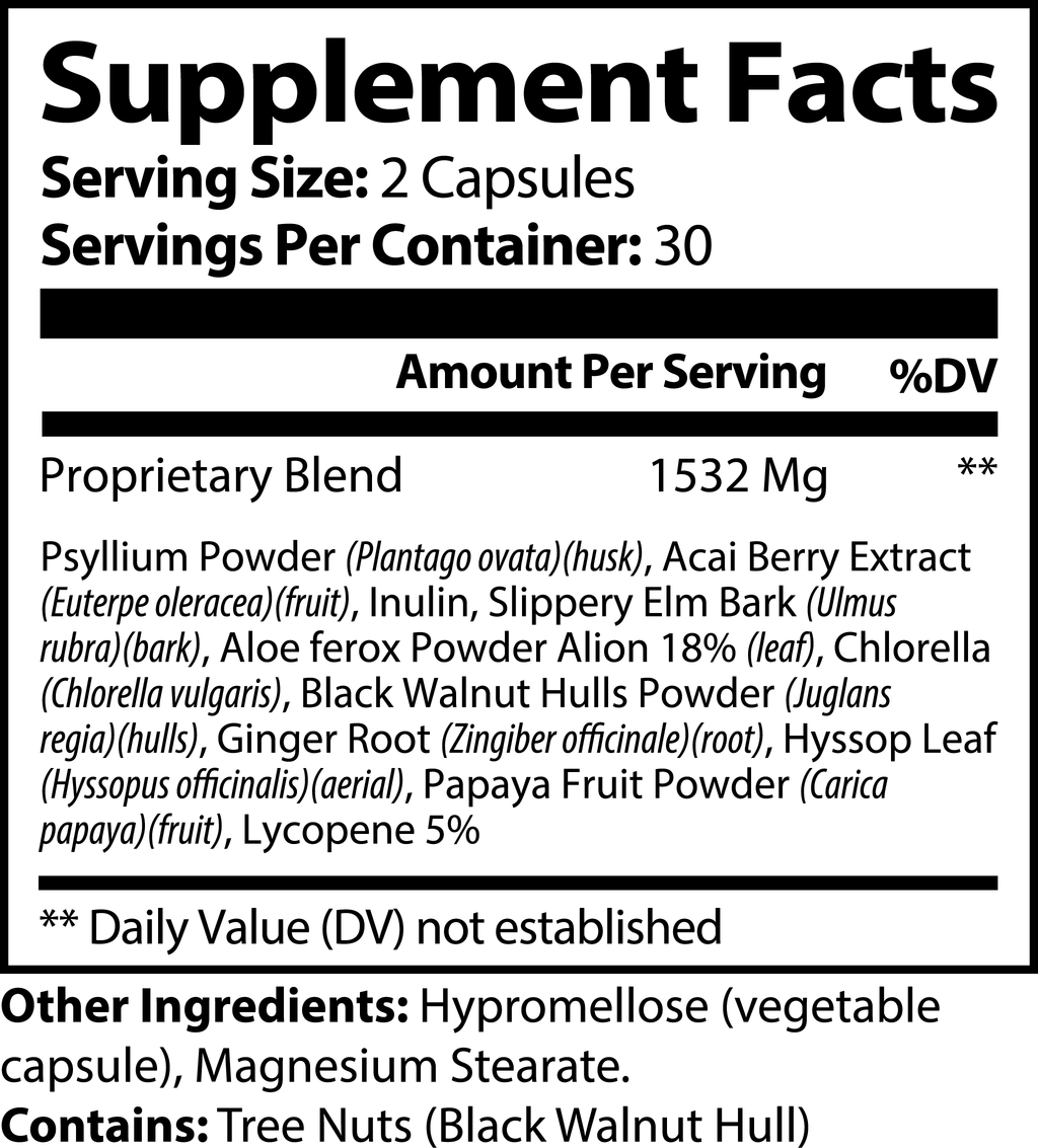 Supplement facts for SACRAHAUS acai detox supplement with ingredients like psyllium and aloe ferox for digestive support