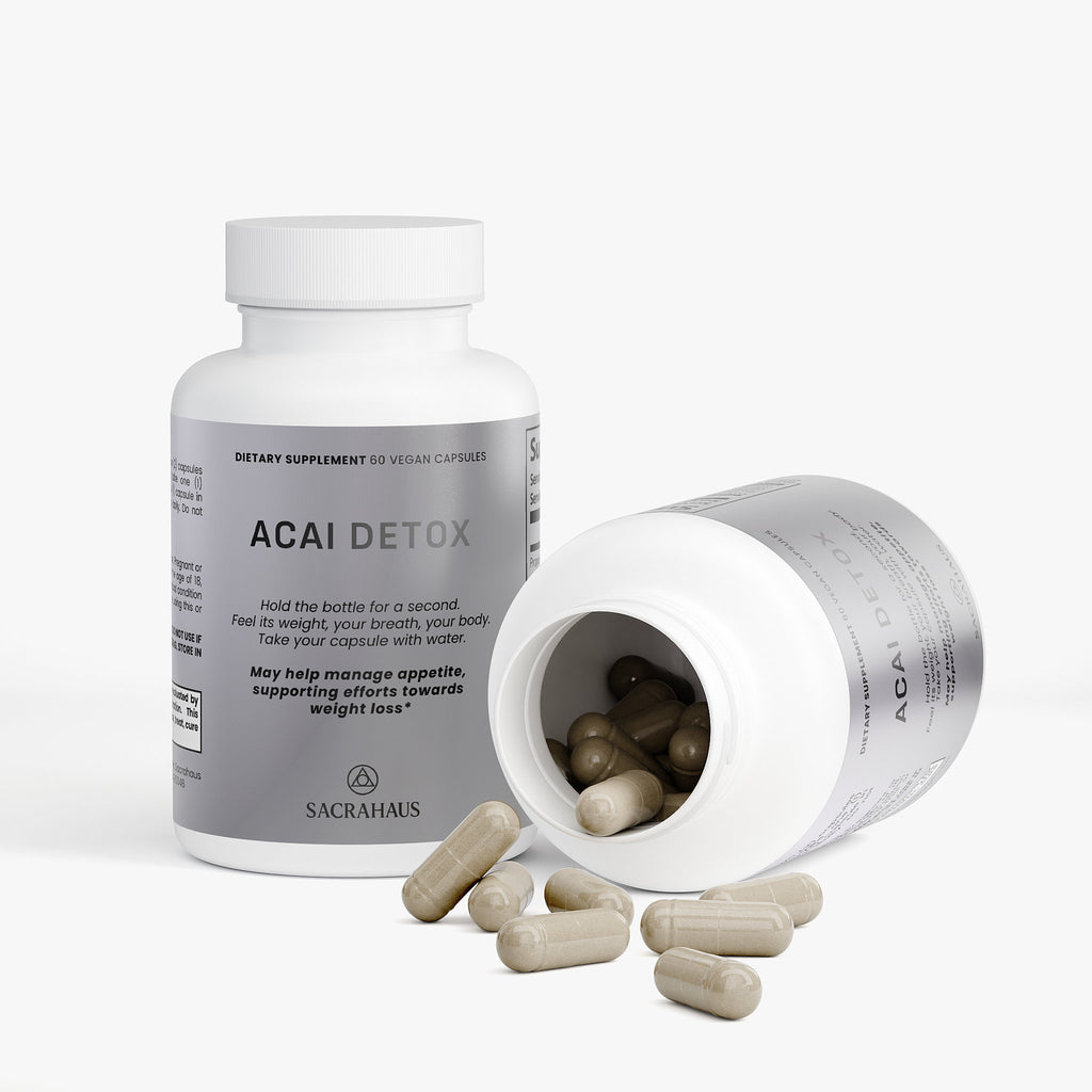 SACRAHAUS Acai Detox Supplement Bottle with Vegan Capsules for Digestive Support and Weight Loss