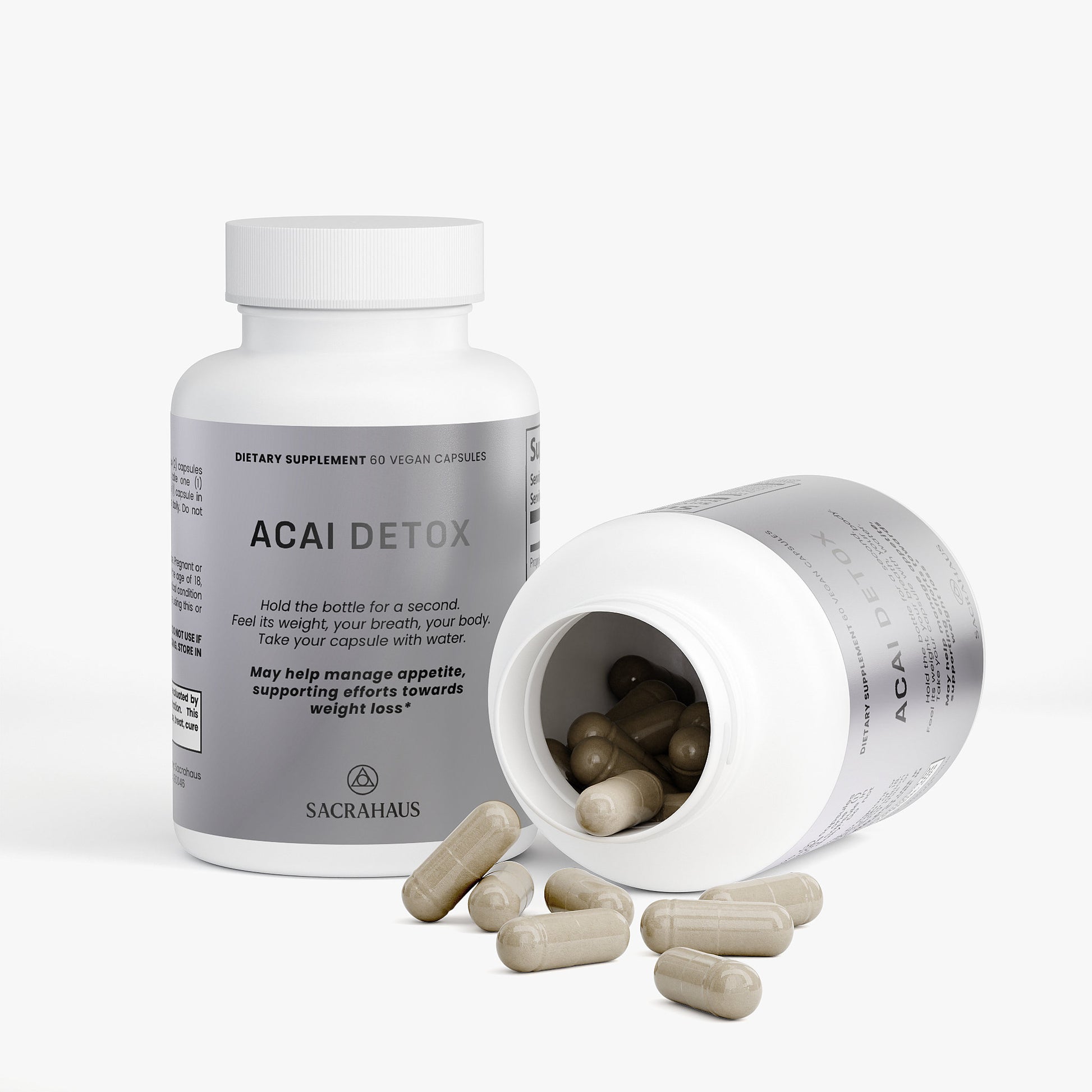 SACRAHAUS Acai Detox Supplement Bottle with Vegan Capsules for Digestive Support and Weight Loss