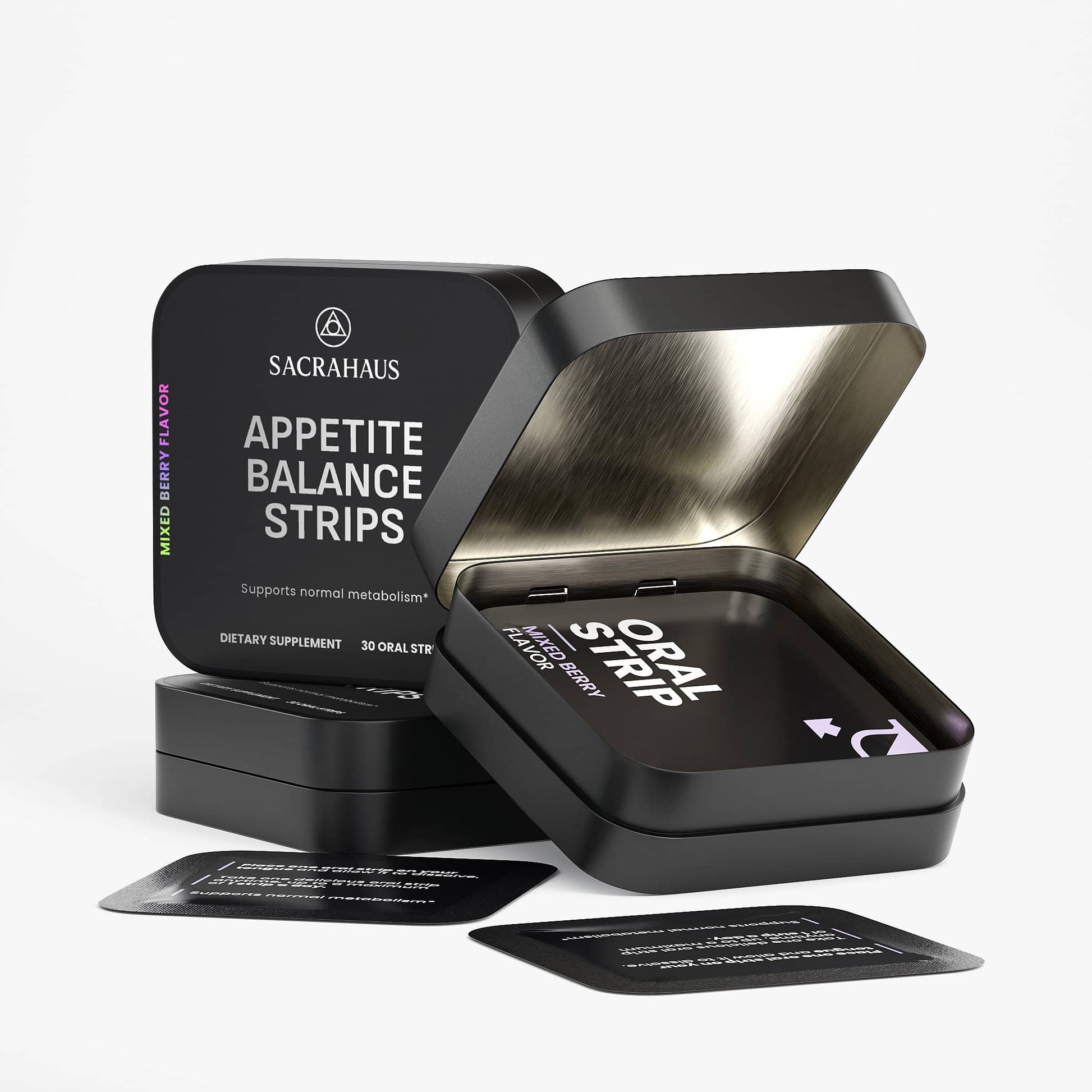 SACRAHAUS appetite suppressant strips in a sleek tin, supporting normal metabolism with 20 oral strips