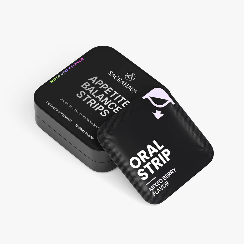 SACRAHAUS Appetite Suppressant Strips in a sleek tin with mixed berry flavor packaging