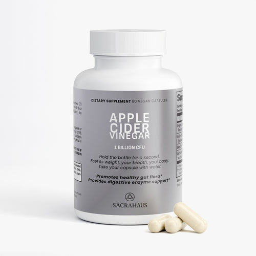 SACRAHAUS apple cider vinegar capsules in a white bottle with 60 vegan capsules for digestive support