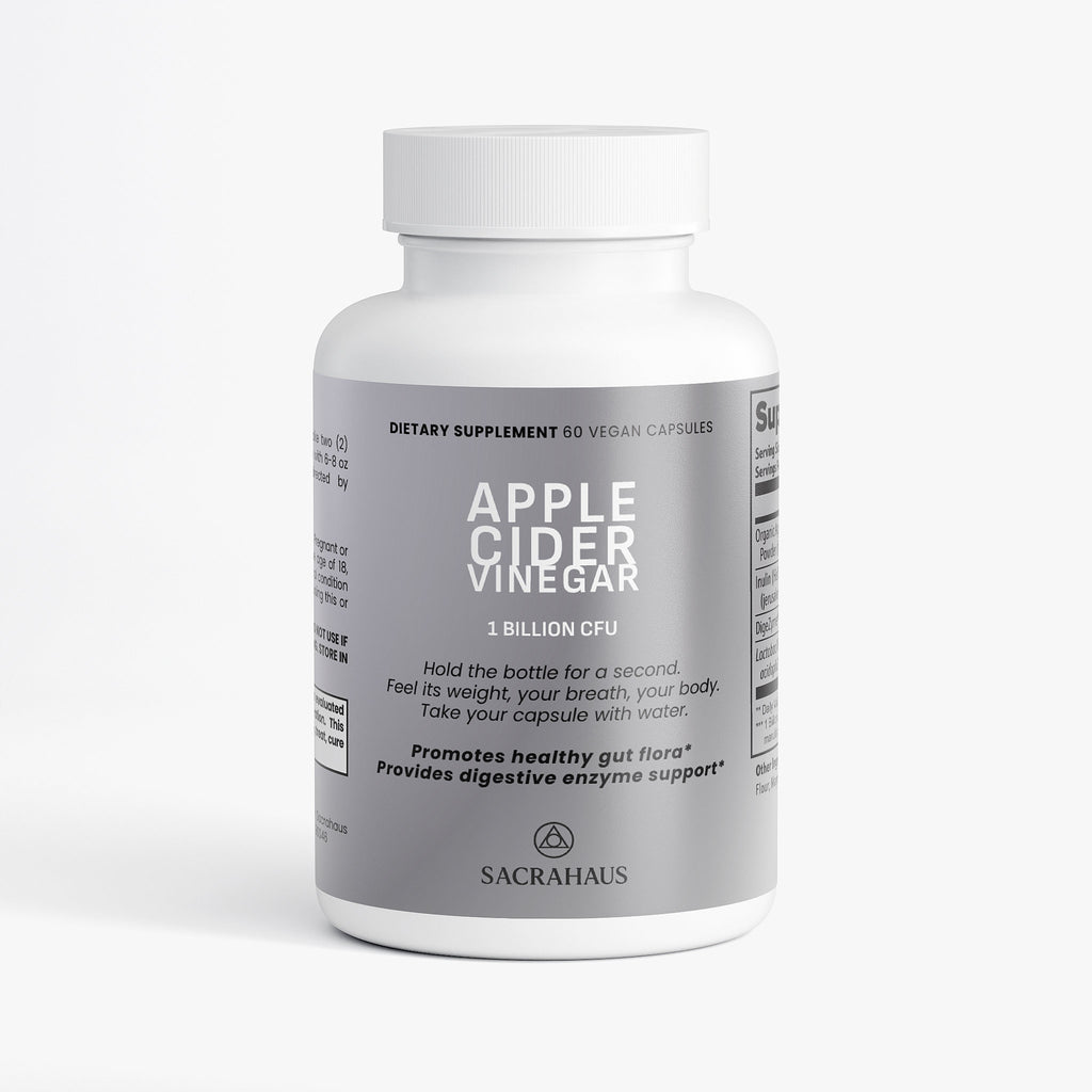 SACRAHAUS Apple Cider Vinegar Capsules in a white bottle with 60 vegan capsules for digestive support