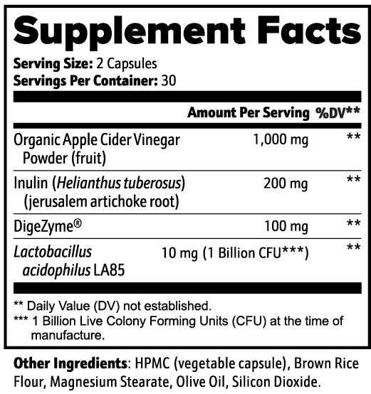 SACRAHAUS apple cider vinegar capsules supplement facts showing dosage and ingredients for digestive support