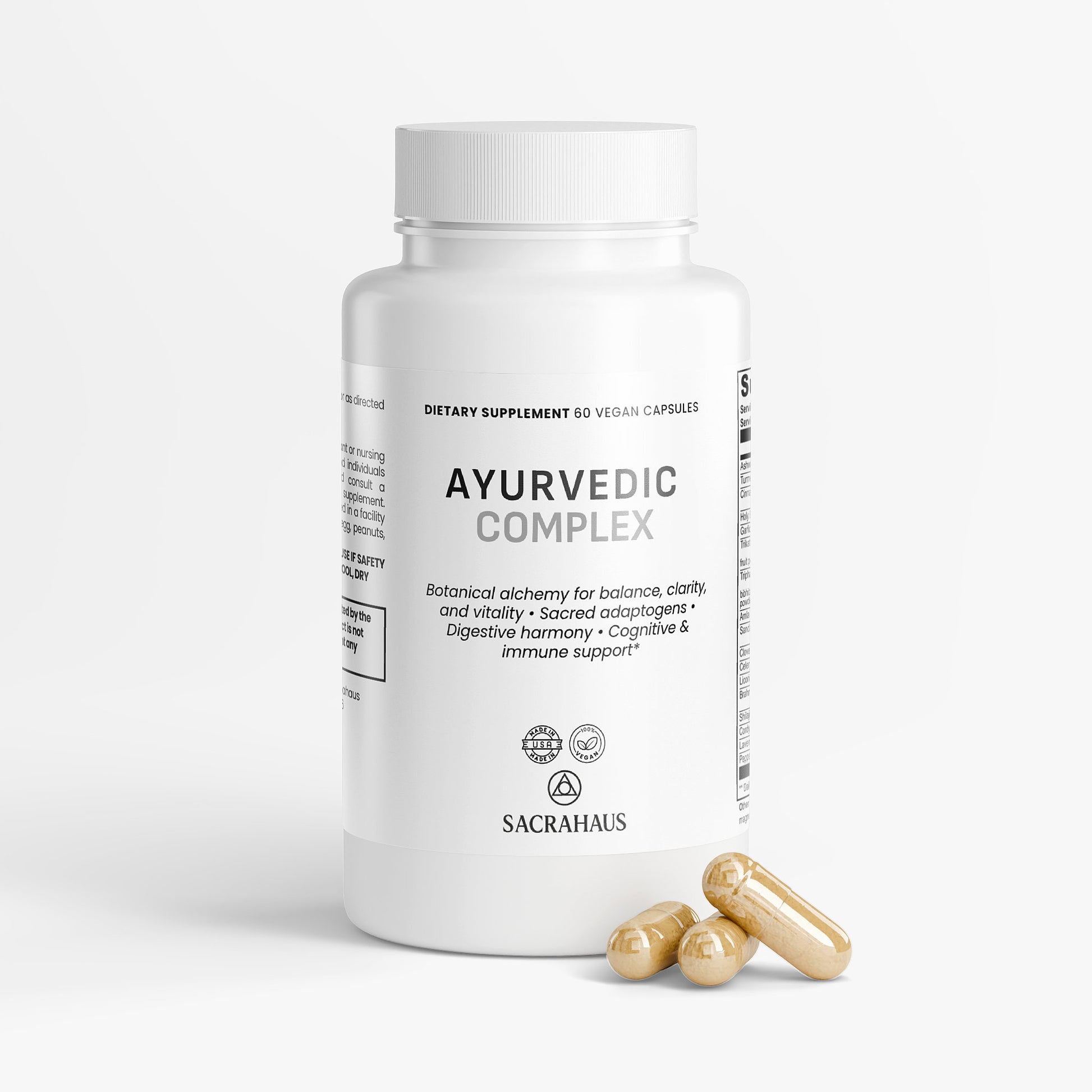 SACRAHAUS Ayurvedic Complex Supplement in a white bottle with vegan capsules for balance and vitality