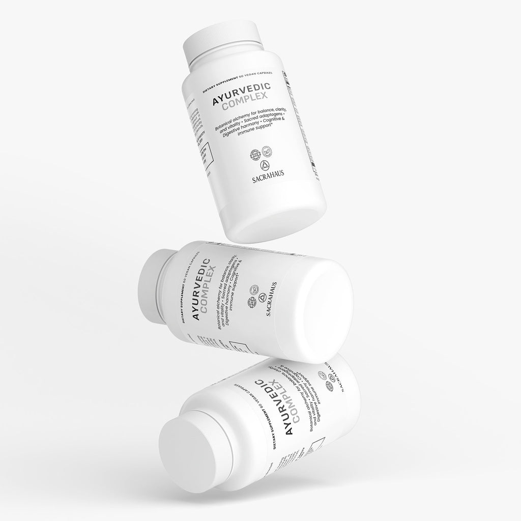 SACRAHAUS Ayurvedic Complex Supplement Bottles in White for Holistic Wellness