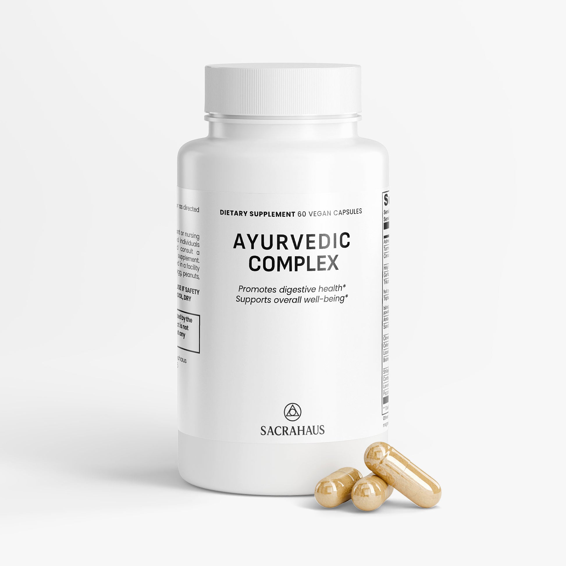 SACRAHAUS Ayurvedic vegan supplements Ayurvedic Complex bottle with capsules promoting digestive health