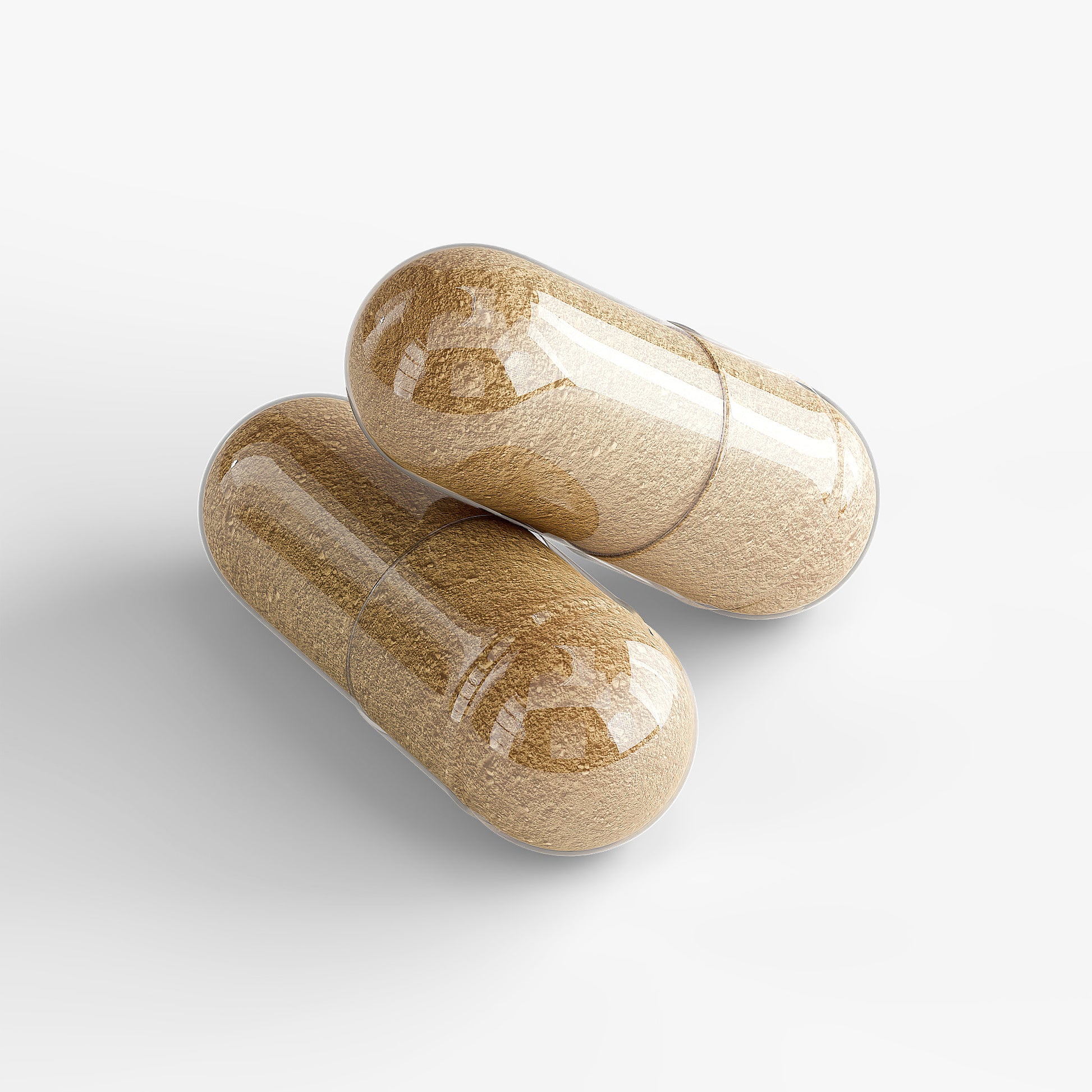 Close-up of two translucent capsules filled with powder Ayurvedic vegan supplements by SACRAHAUS
