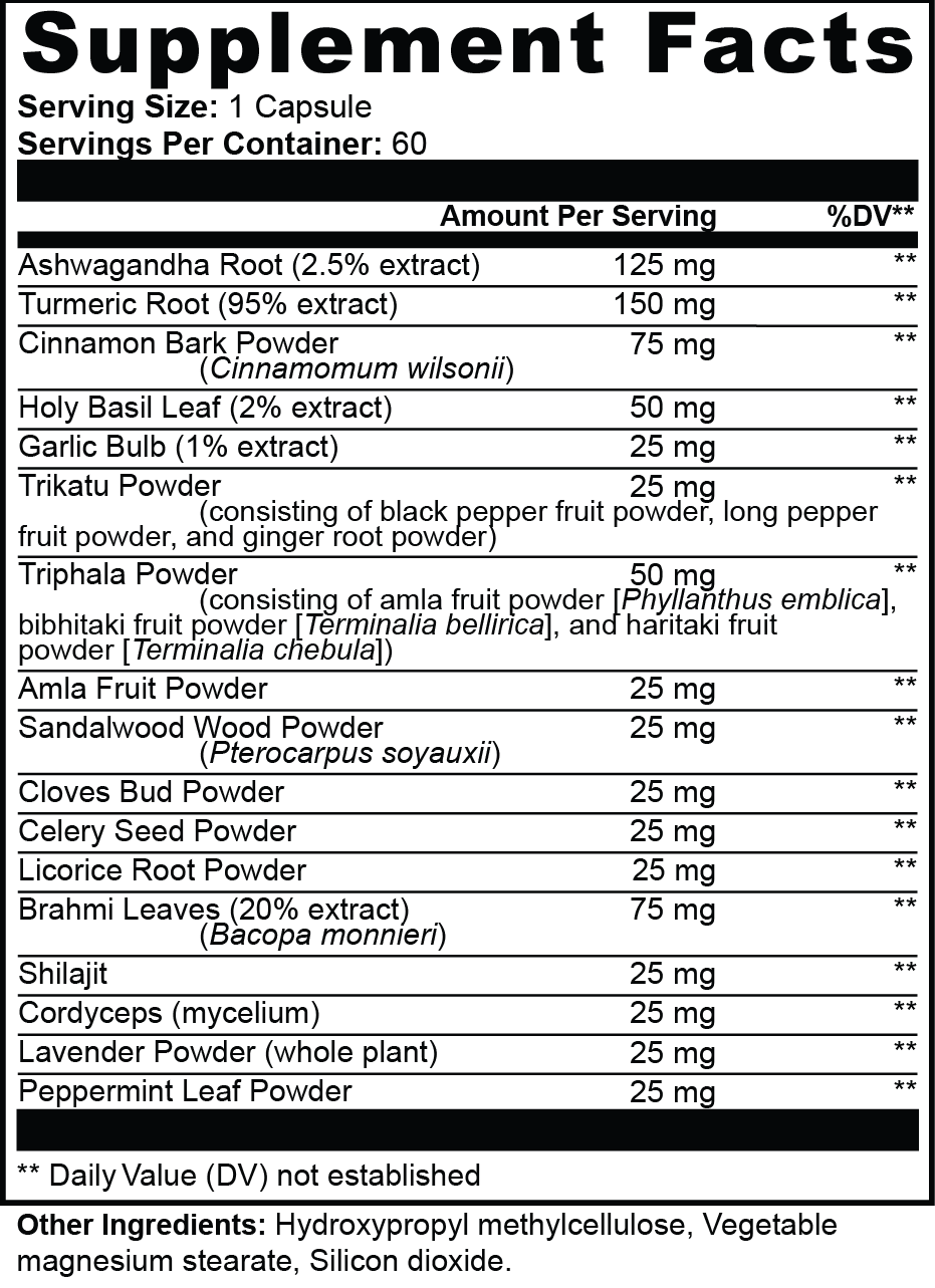 Sacrahaus Ayurvedic vegan supplements specialty supplement facts label with ingredient details