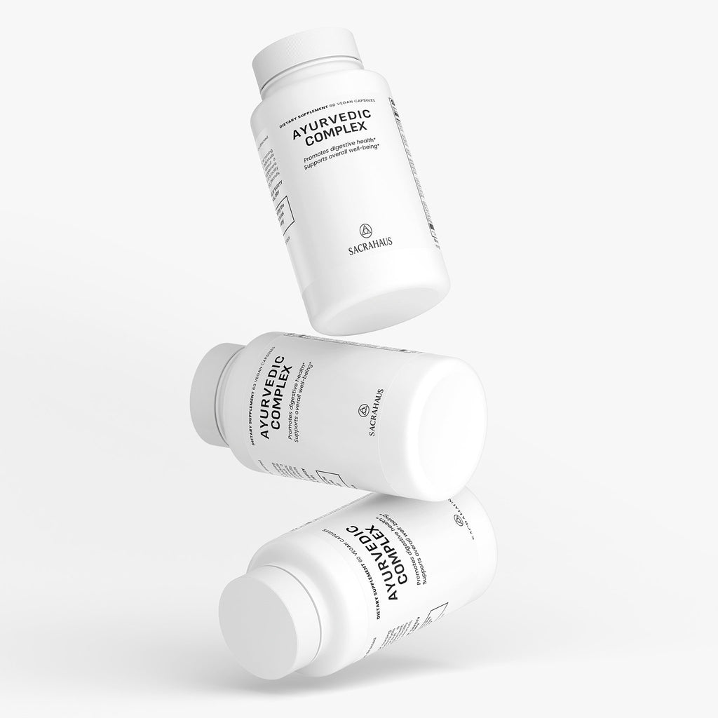SACRAHAUS Ayurvedic vegan supplements Ayurvedic Complex specialty supplement bottles with white labels