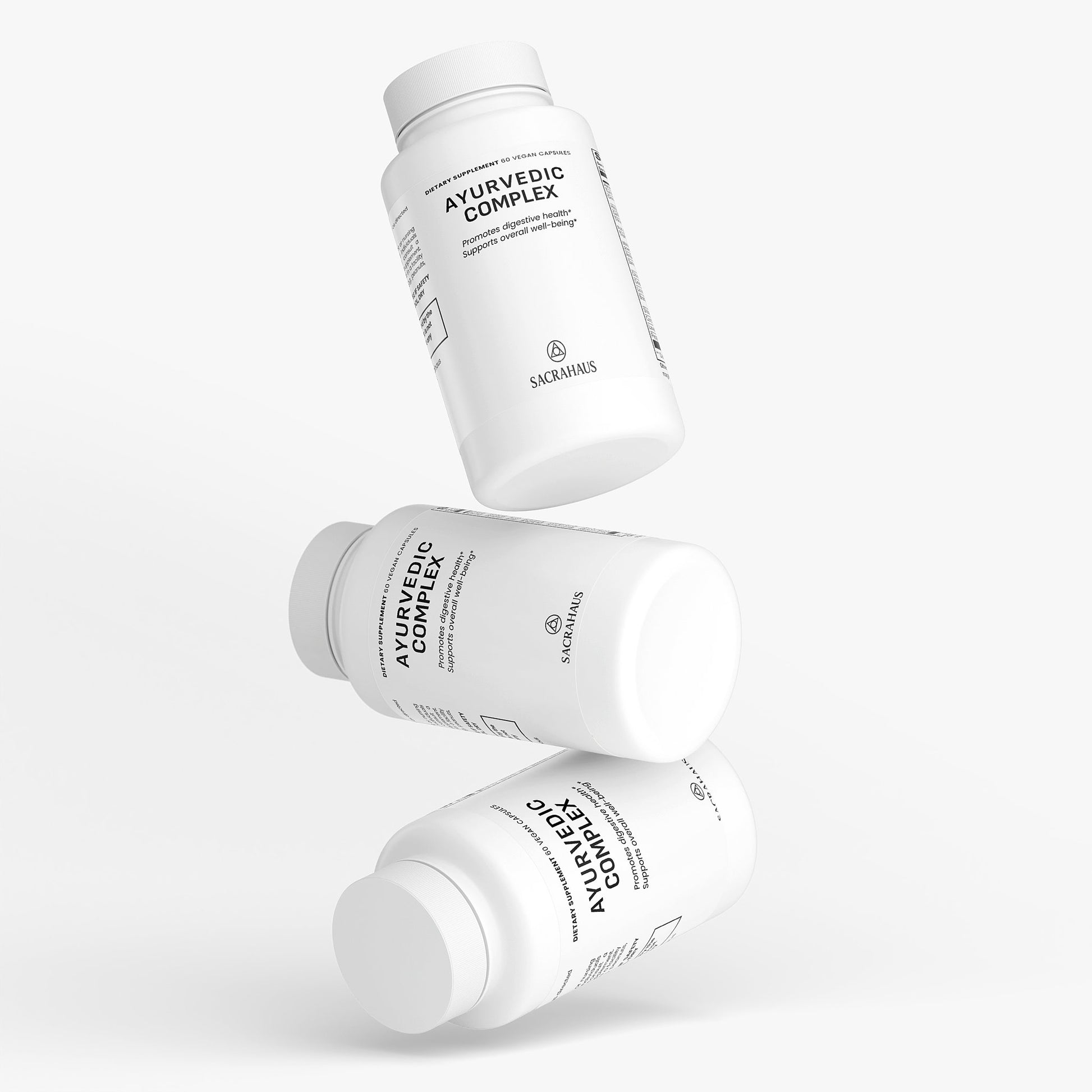 SACRAHAUS Ayurvedic vegan supplements Ayurvedic Complex specialty supplement bottles with white labels