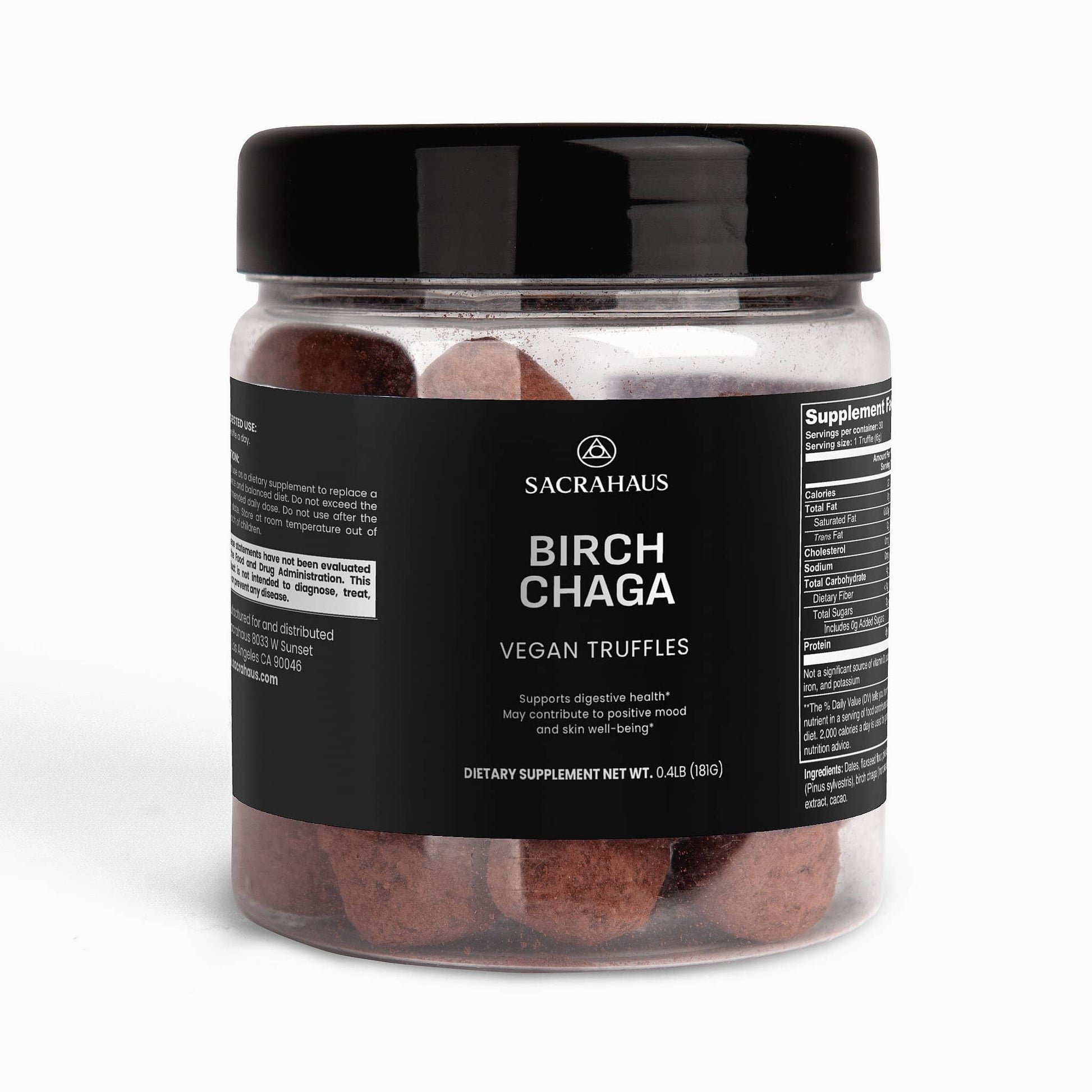 SACRAHAUS Birch Chaga Truffles in a clear jar for digestive support and mood enhancement