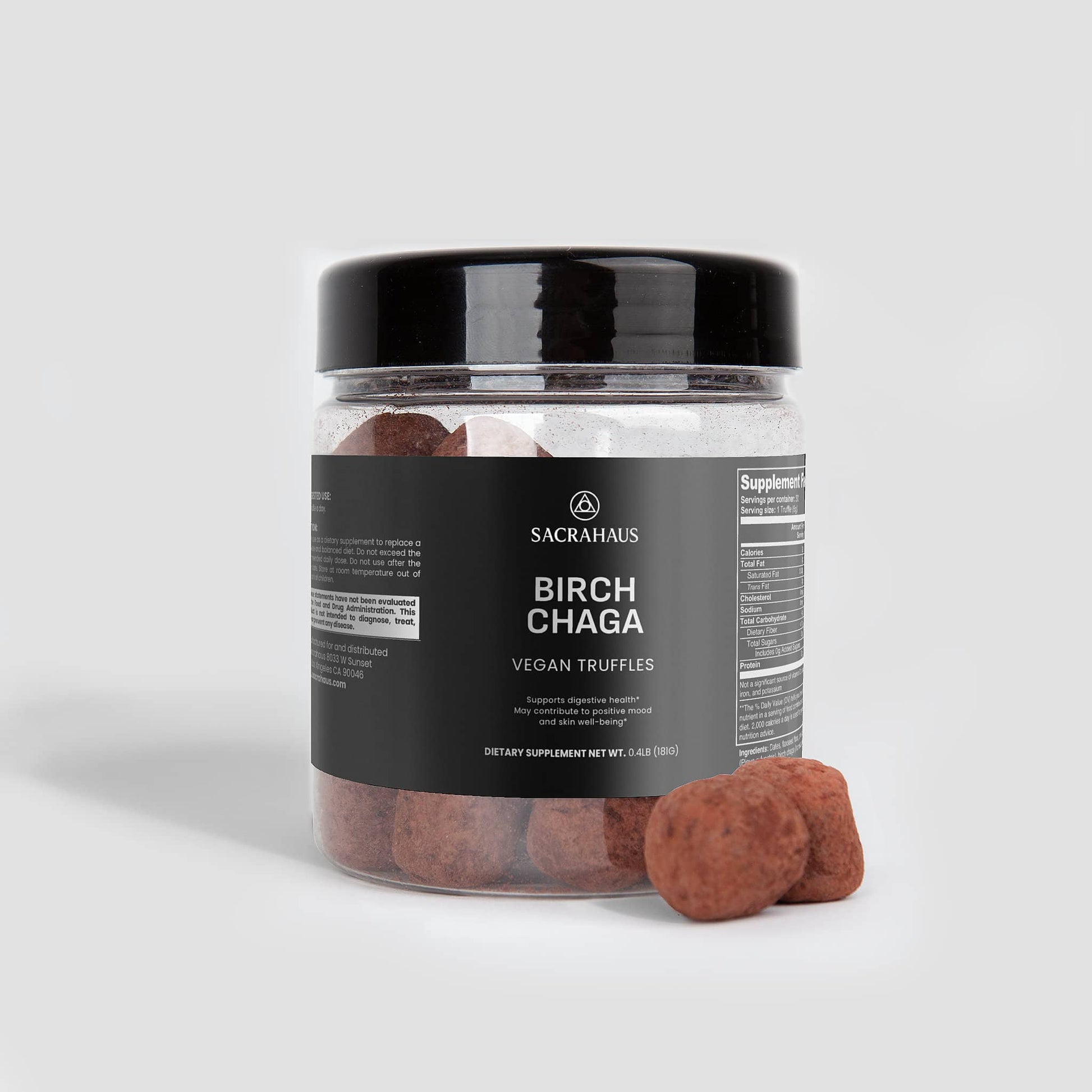 SACRAHAUS Birch Chaga Truffles in a clear jar, ideal for digestive support and vegan-friendly nutrition
