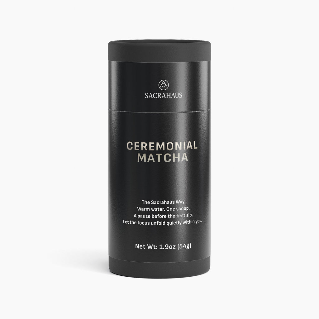 SACRAHAUS ceremonial matcha powder in a sleek black container for rich tea experiences