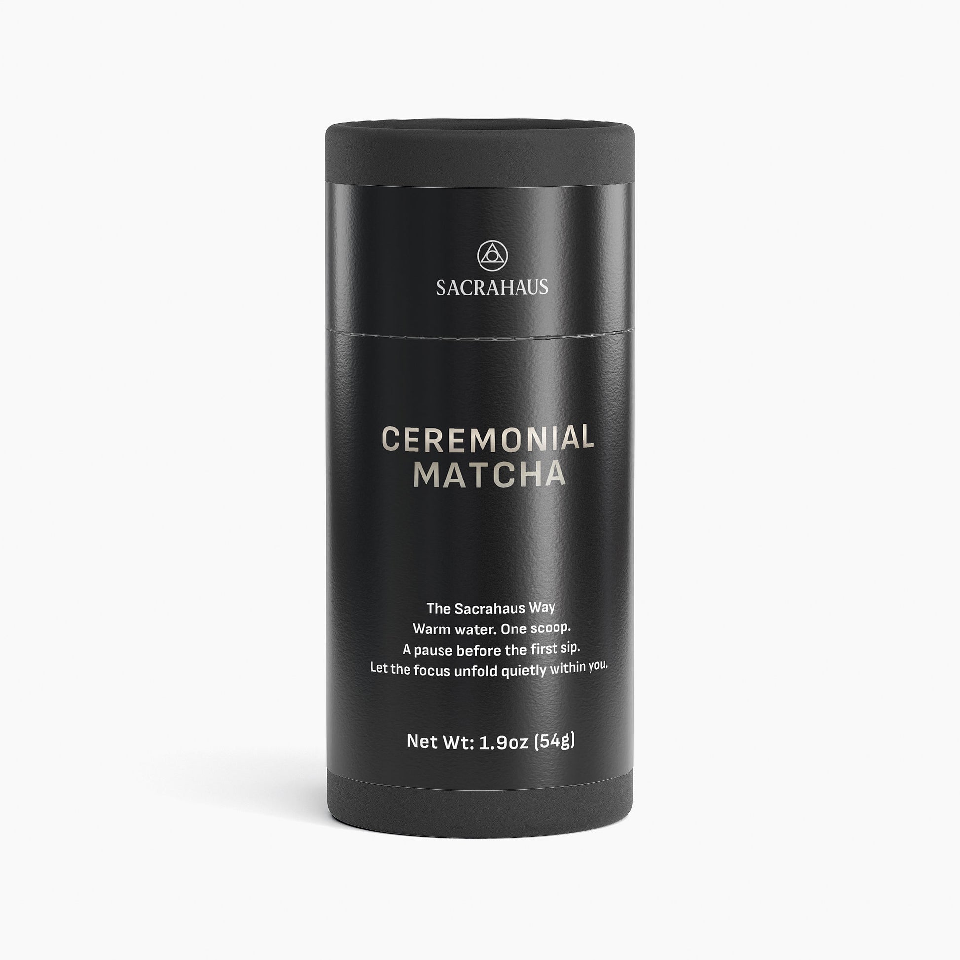 SACRAHAUS ceremonial matcha powder in a sleek black container for rich tea experiences