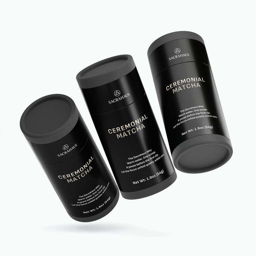 SACRAHAUS ceremonial matcha powder canisters in sleek black packaging for premium quality matcha