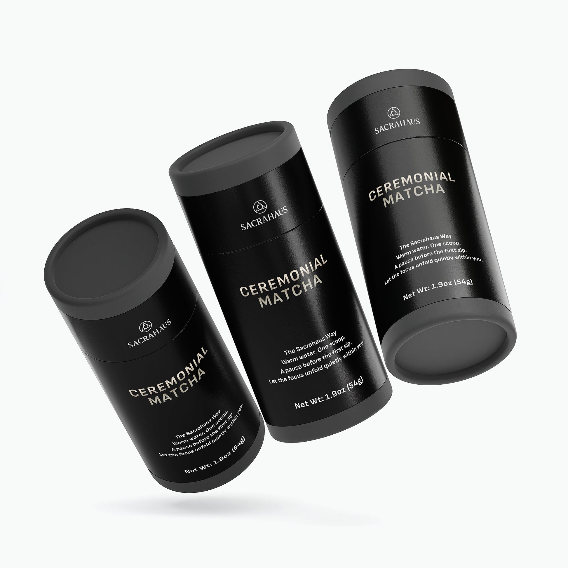 SACRAHAUS ceremonial matcha powder canisters in sleek black packaging for premium quality matcha