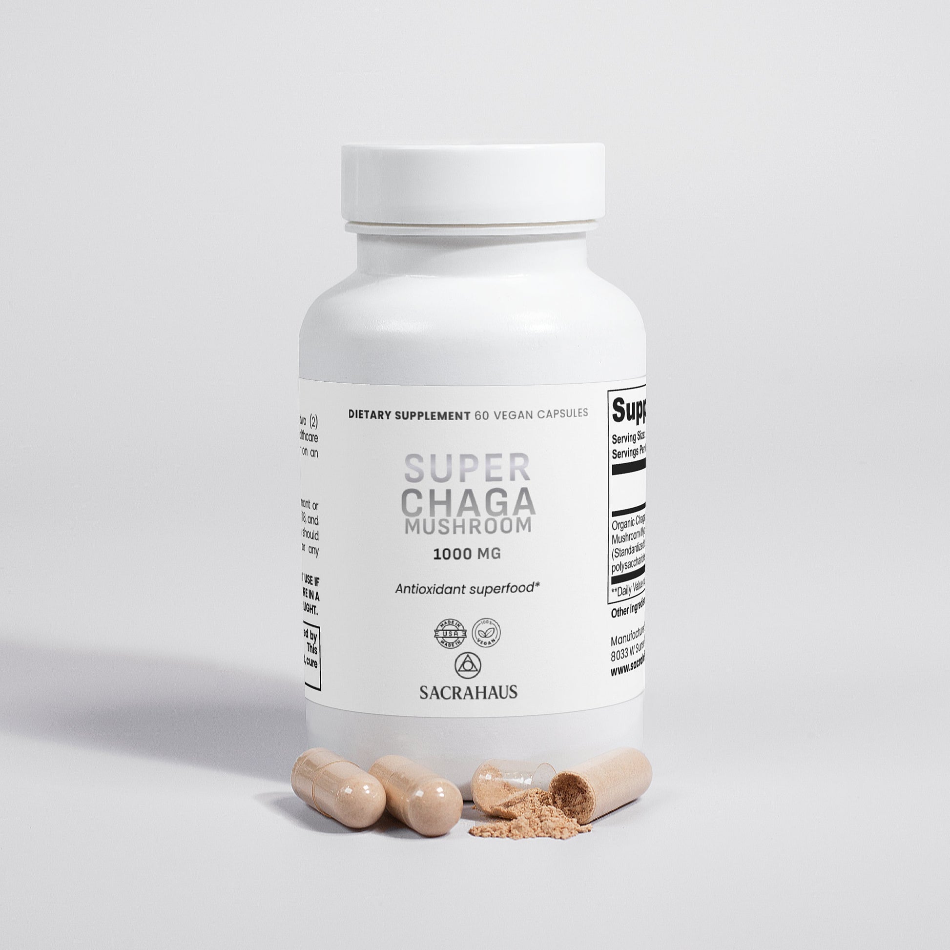 SACRAHAUS Super Chaga Mushroom Supplement 1000 MG in a white bottle with vegan capsules