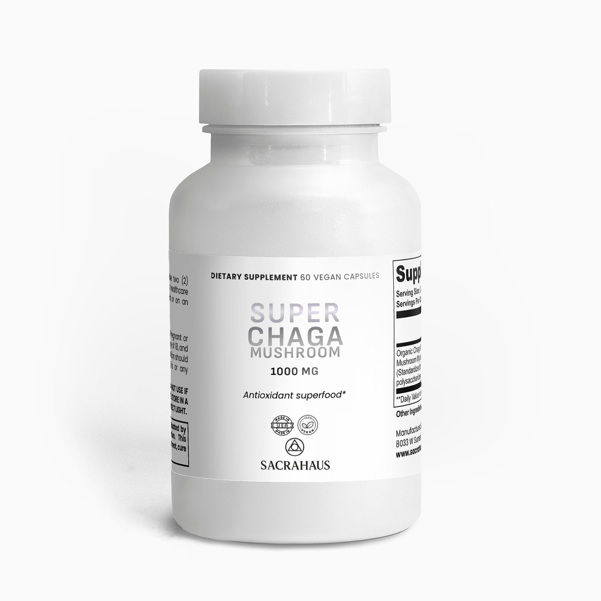 SACRAHAUS Super Chaga Mushroom Supplement in 60 vegan capsules with 1000 mg per serving