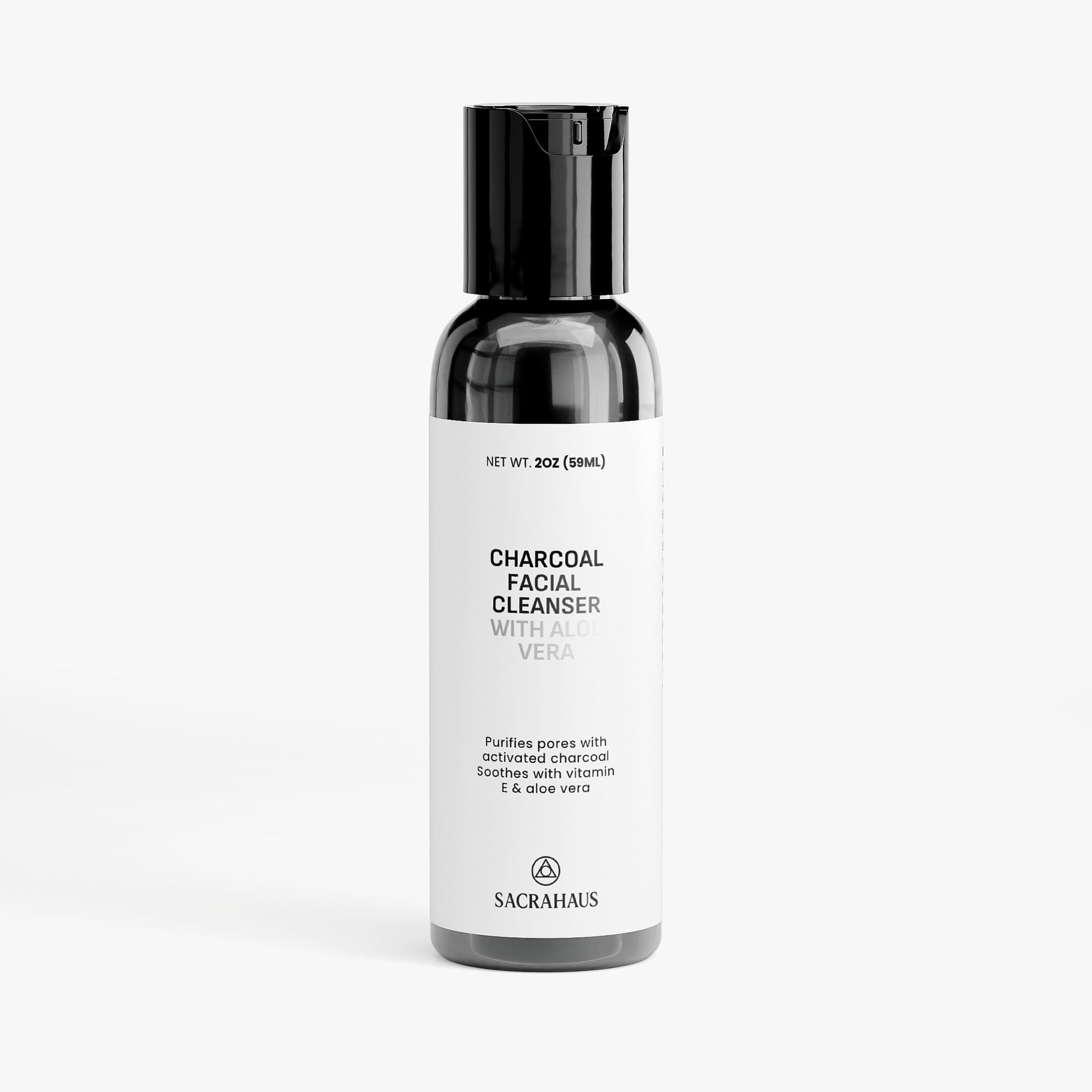 SACRAHAUS charcoal facial cleanser with aloe vera in a sleek bottle for deep pore purification