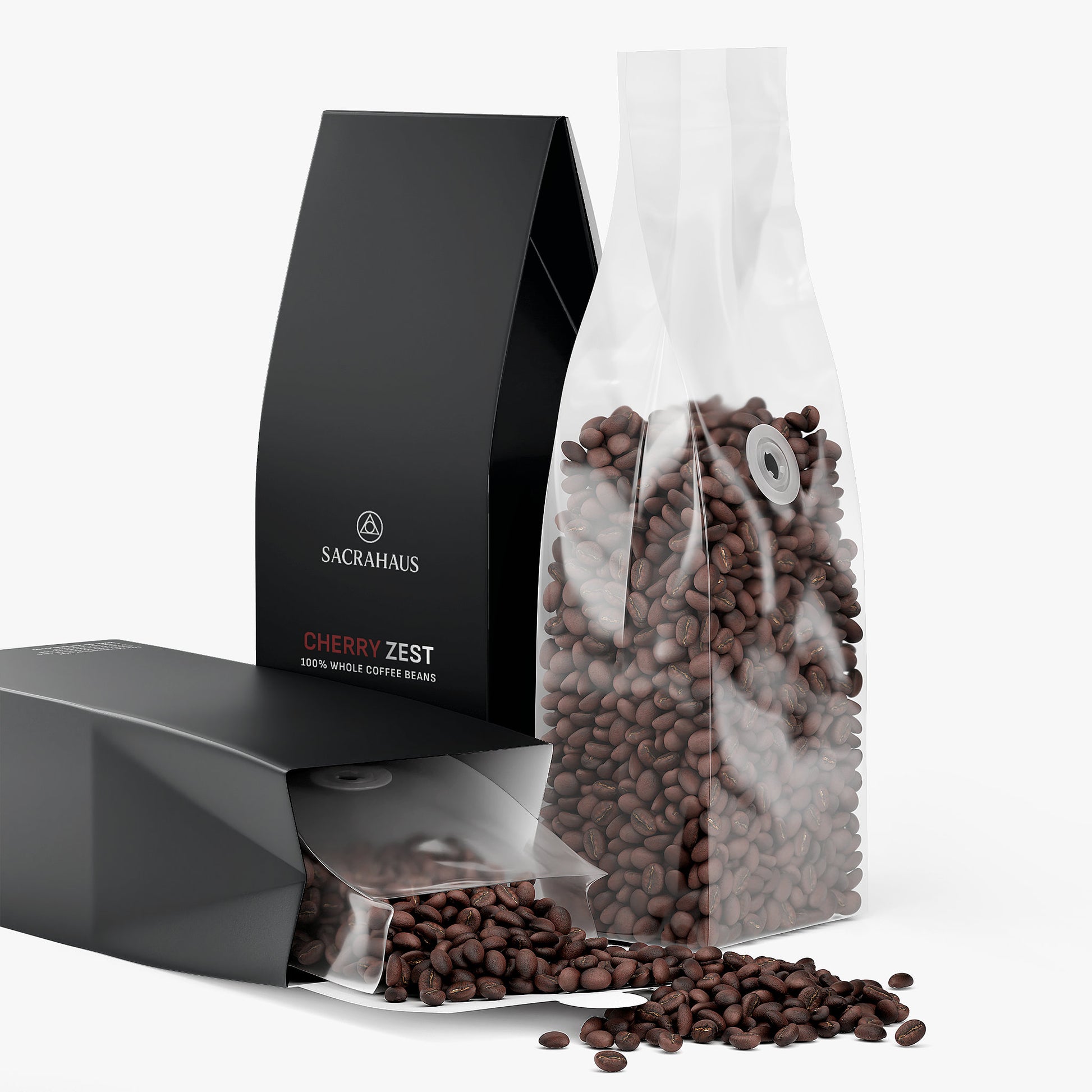 SACRAHAUS Cherry Zest Coffee Medium Roast in sleek packaging with whole coffee beans
