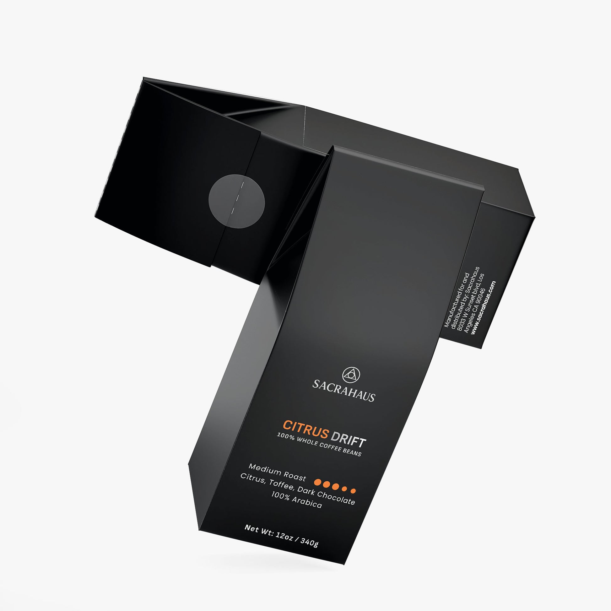 SACRAHAUS Citrus Drift Medium Roast Coffee Beans with citrus flavor notes in a sleek black package