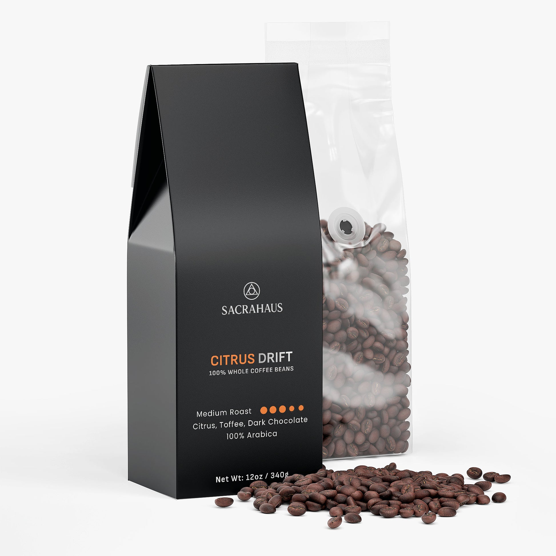 SACRAHAUS Citrus Drift medium roast coffee beans in black packaging with flavor notes of citrus, toffee, and dark chocolate