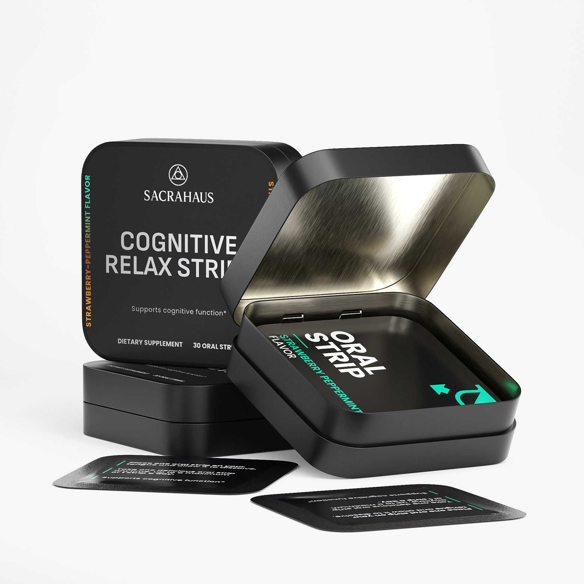 SACRAHAUS cognitive relaxation strips packaged in a sleek tin for enhanced cognitive function.