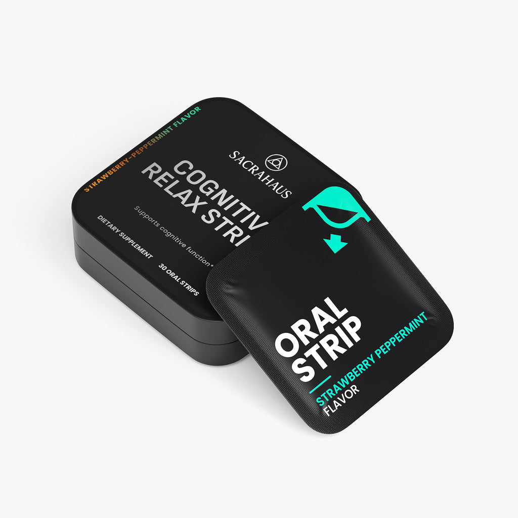 SACRAHAUS cognitive relaxation strips in a black tin with strawberry peppermint flavor