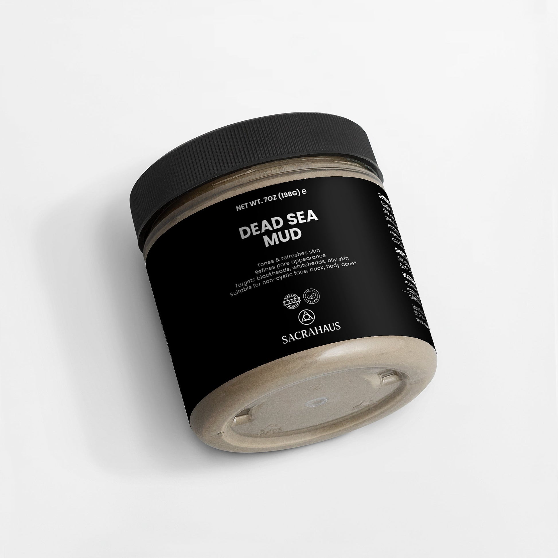 SACRAHAUS Dead Sea mud mask in a black jar for restoring and detoxifying skin