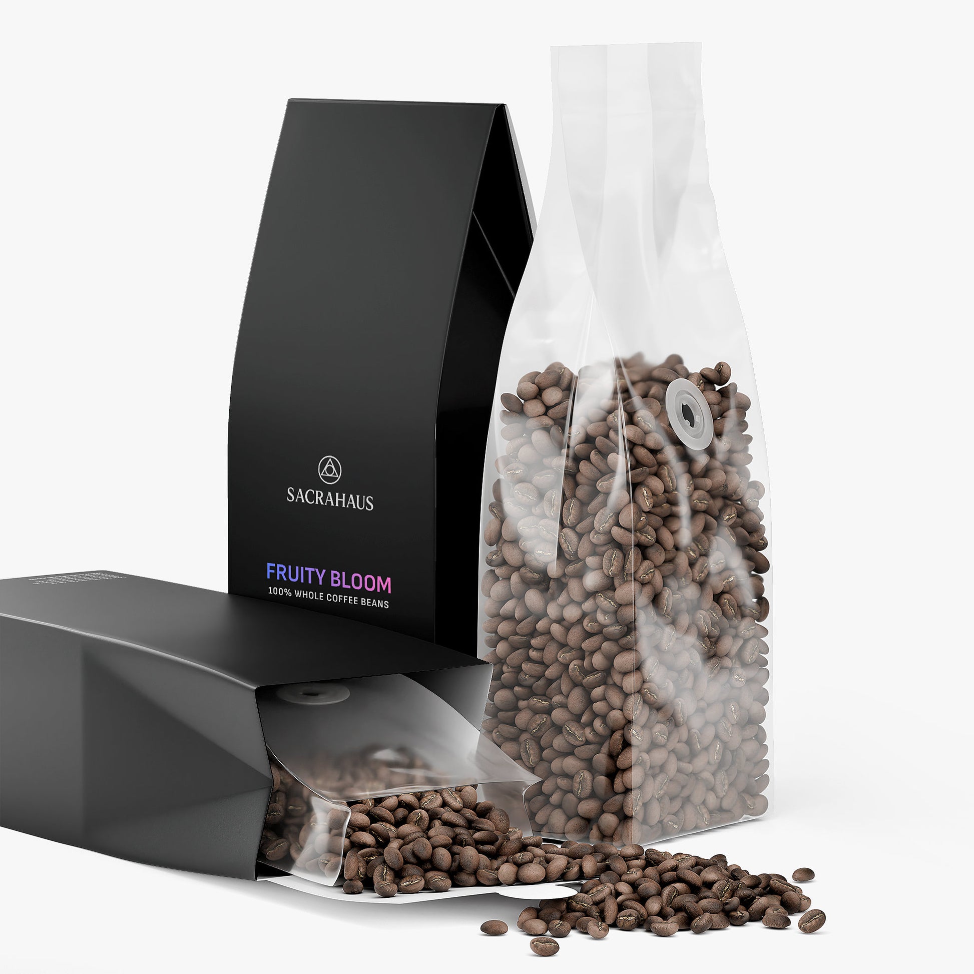 SACRAHAUS Fruity Bloom fruity light roast coffee beans in an elegant packaged bag