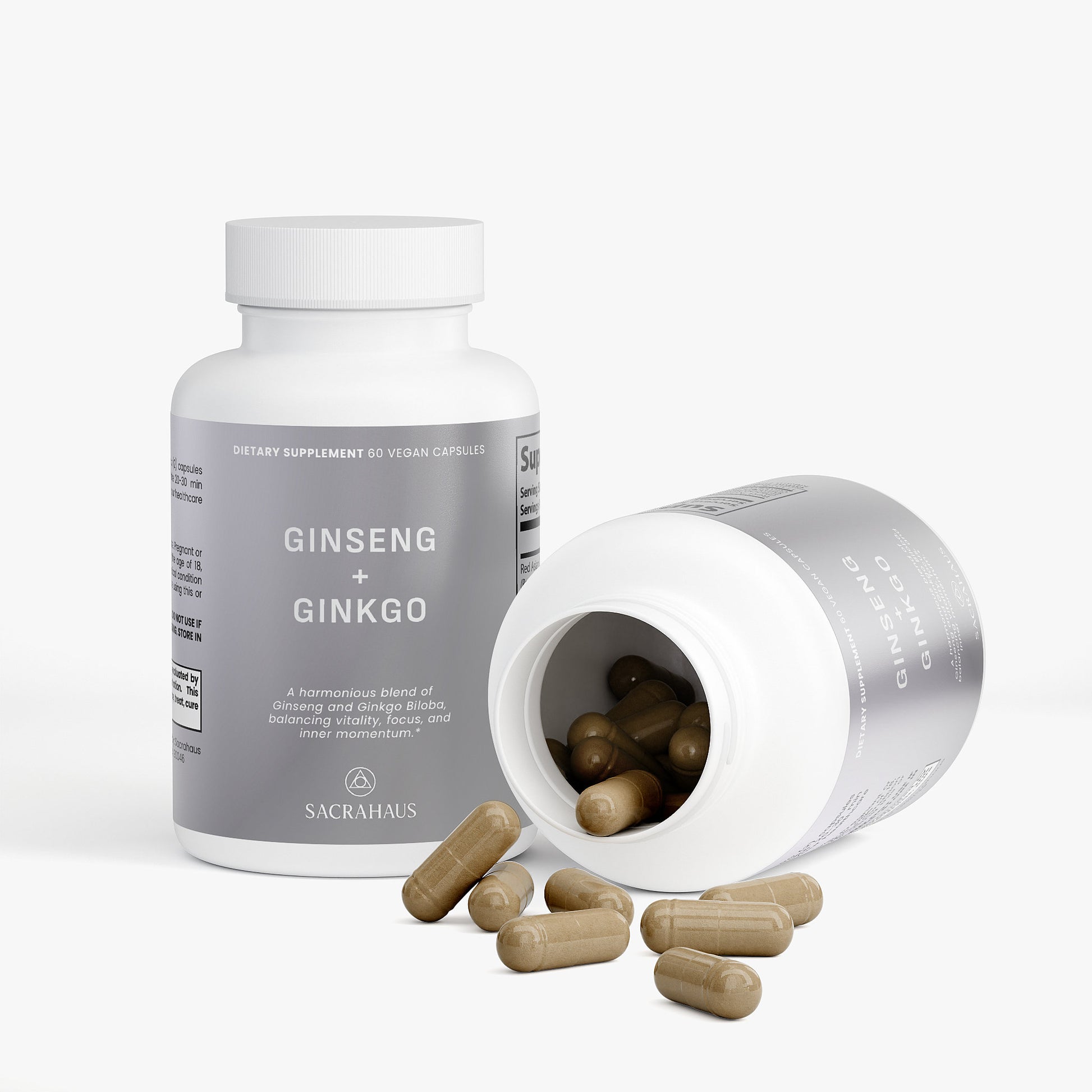 SACRAHAUS ginkgo biloba and ginseng supplement in a white container with capsules spilling out