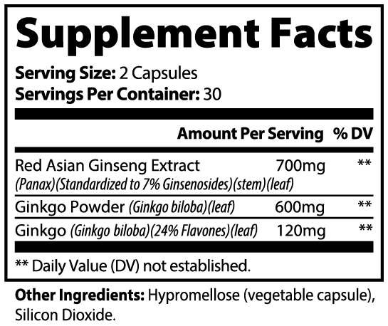 SACRAHAUS Ginkgo biloba and ginseng supplement label with serving details and ingredients for enhanced wellness